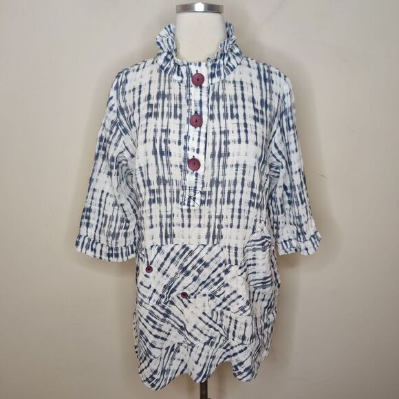 Terra by SJ Apparel Top Tunic Blue White Cotton Pockets Lagenlook - Picture 1 of 14